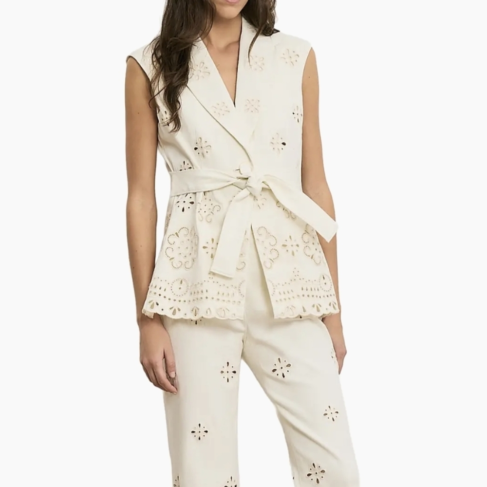 Veronica Beard Townes Eyelet-Embroidered Tie-Waist Stretch-Cotton Vest